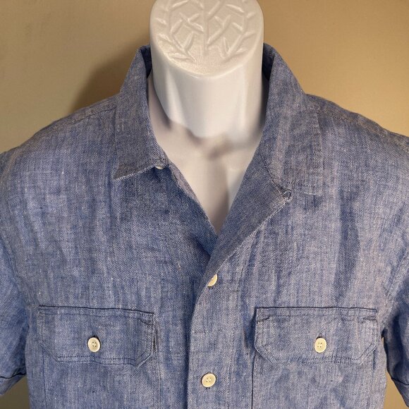 Banana Republic Men's blue 100% linen loop collar camp s/s shirt Medium M EUC - Picture 1 of 4